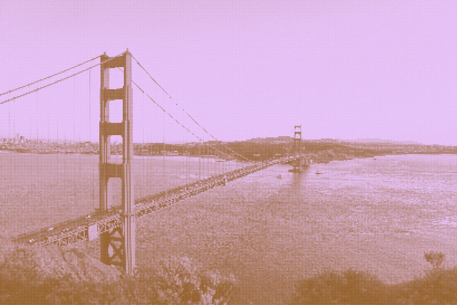 The Golden Gate Bridge in Artie's lilac and caramel, resolving out of circles and squares