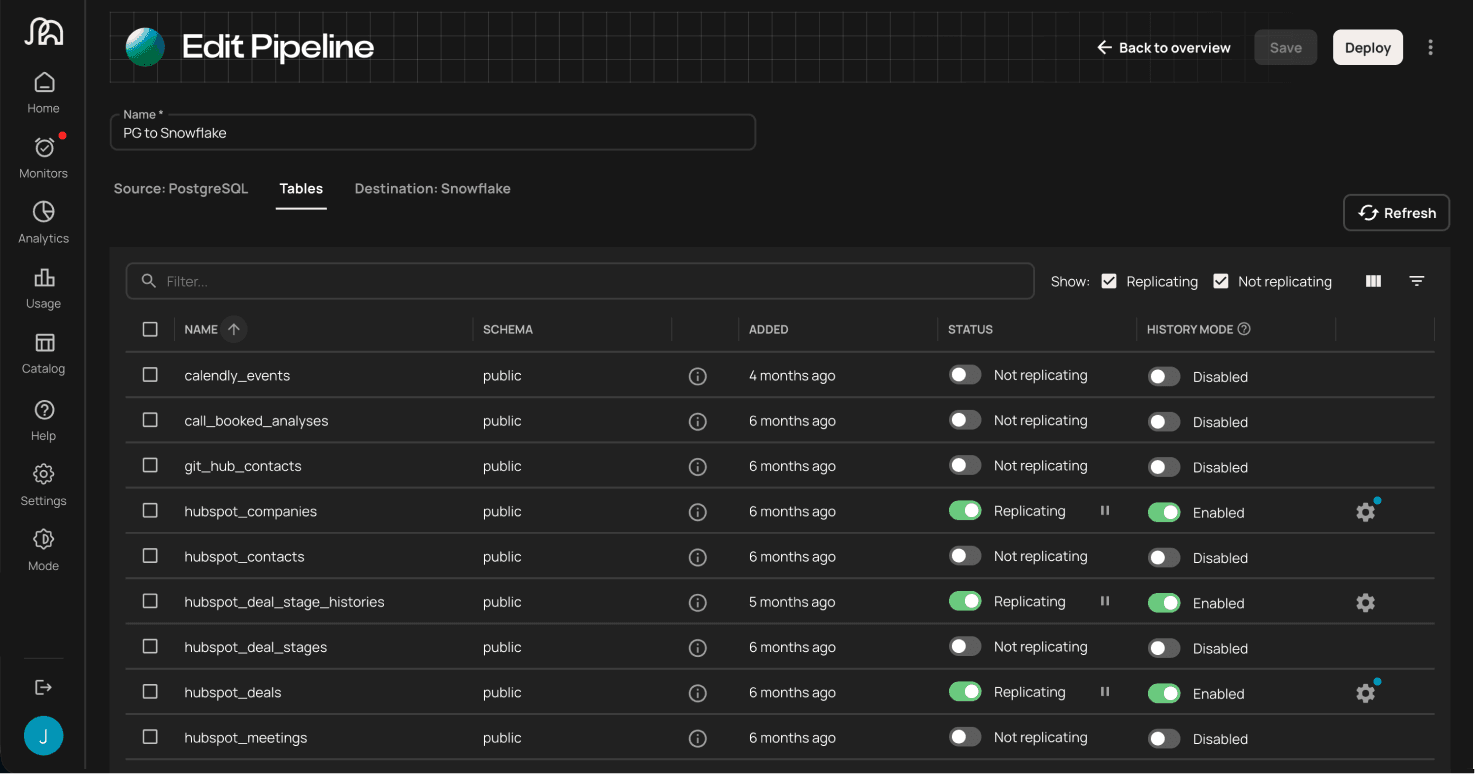 Choose tables to replicate in Artie