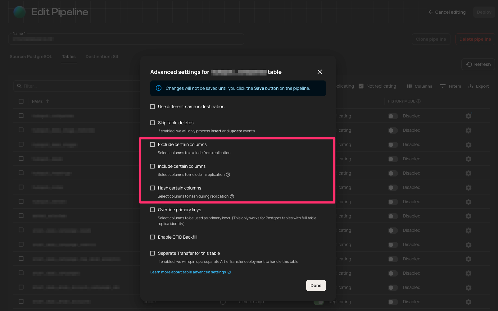 Column Control: Include, Exclude, Hash