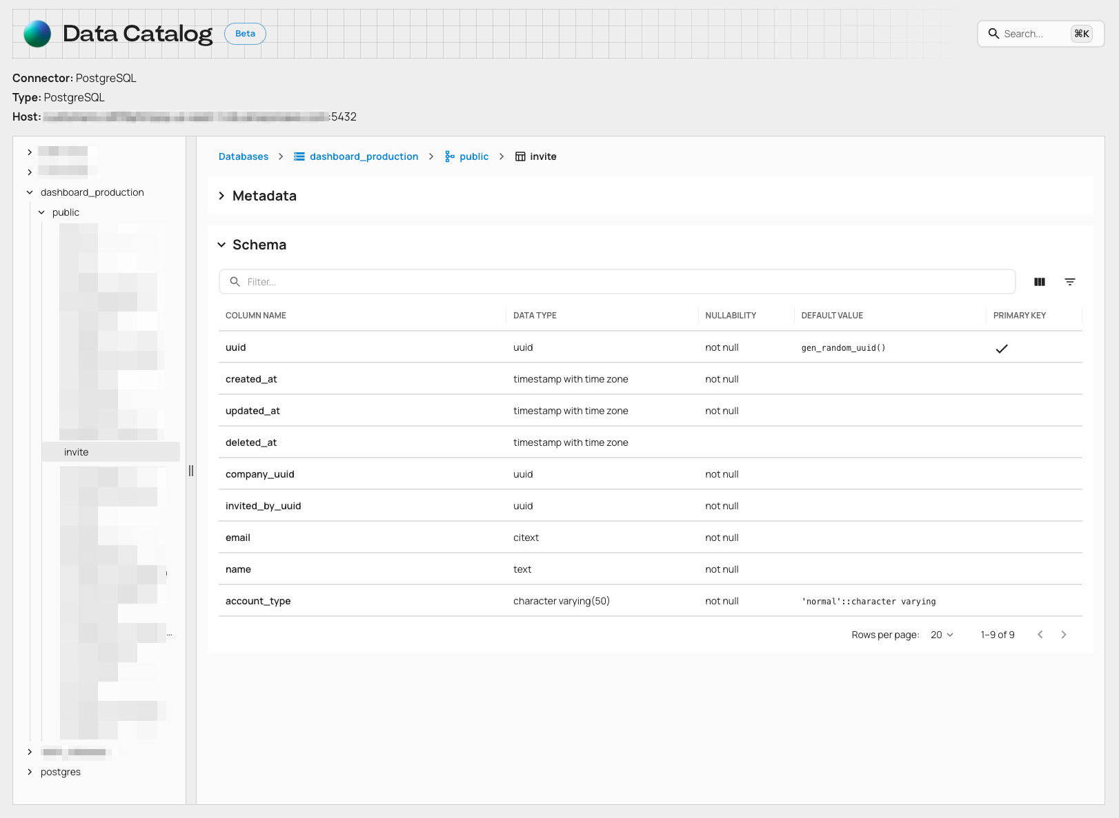 Data catalog, table schema and column details