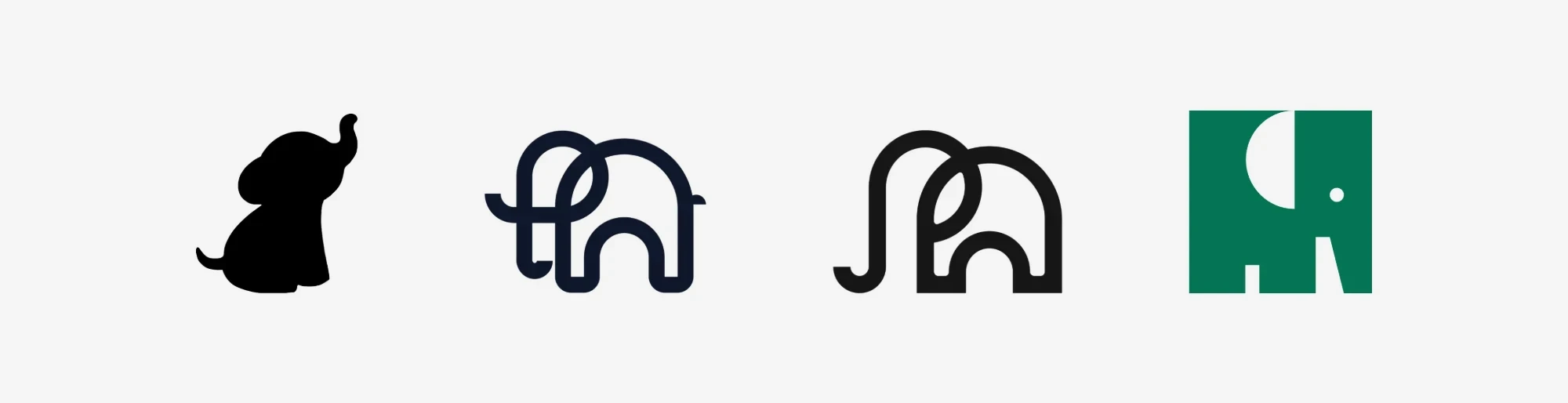 Artie's elephants over the years: the first baby elephant silhouette, two line-drawn elephants, and the new elephant cut from a green square